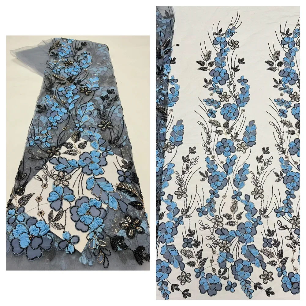 

2026 High Quality African French Beaded Lace Fabric Sewing Sequins Embroidery Nigeria Lace Fabric for Party Dresses
