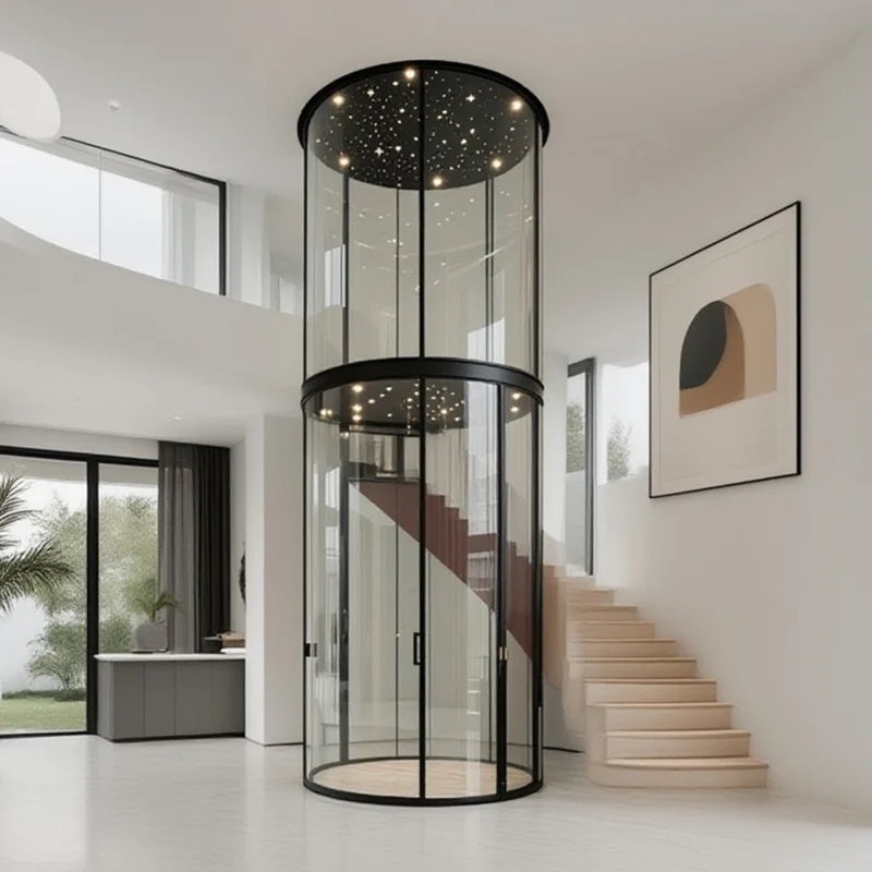 All-View Panoramic Glass Villa Elevator Hydraulic Machine with Gearless Traction for Kitchen PVC Floor-Household Elevator
