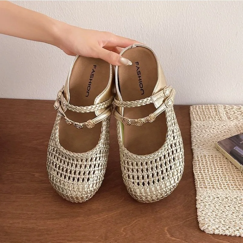 5cm Inner Height Increase Woven Hollow Out Mules Women Double Buckle Mary Jane Slides Square Toe Summer Flat Shoes Zapatos Mujer