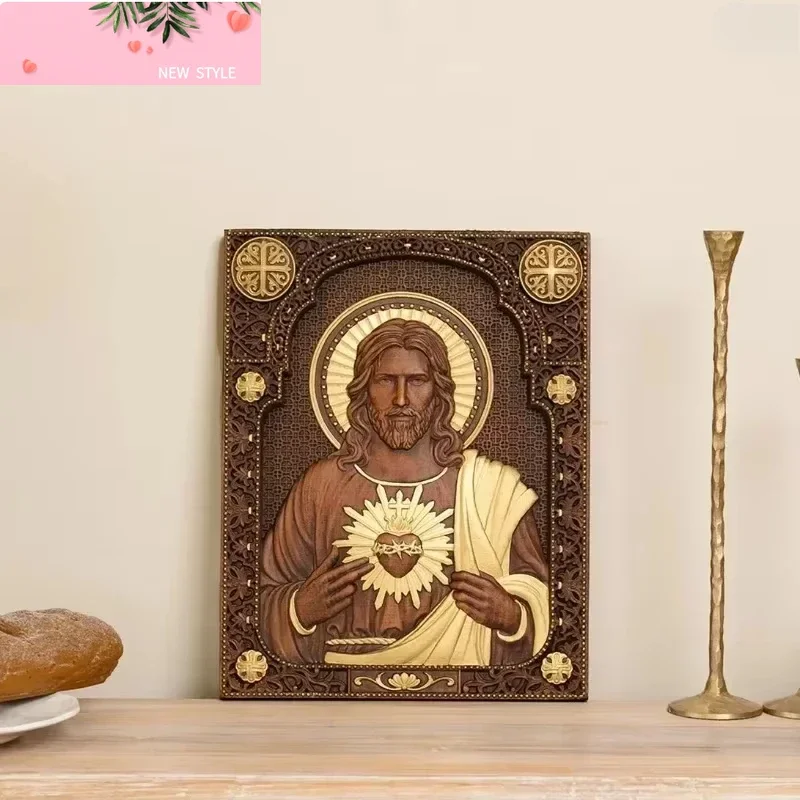 

Vintage Religious Wooden Plaque Sacred Heart of Jesus Catholic Statue, Wall Hanging Church Room Home Decor