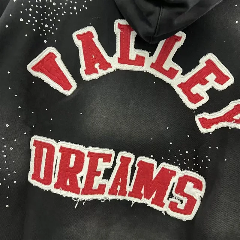 شعار مطرز VALLEY كلاسيكي هوديس الرجال النساء 1:1 أفضل جودة خمر غسلها فالي الأسود سستة بلوزات