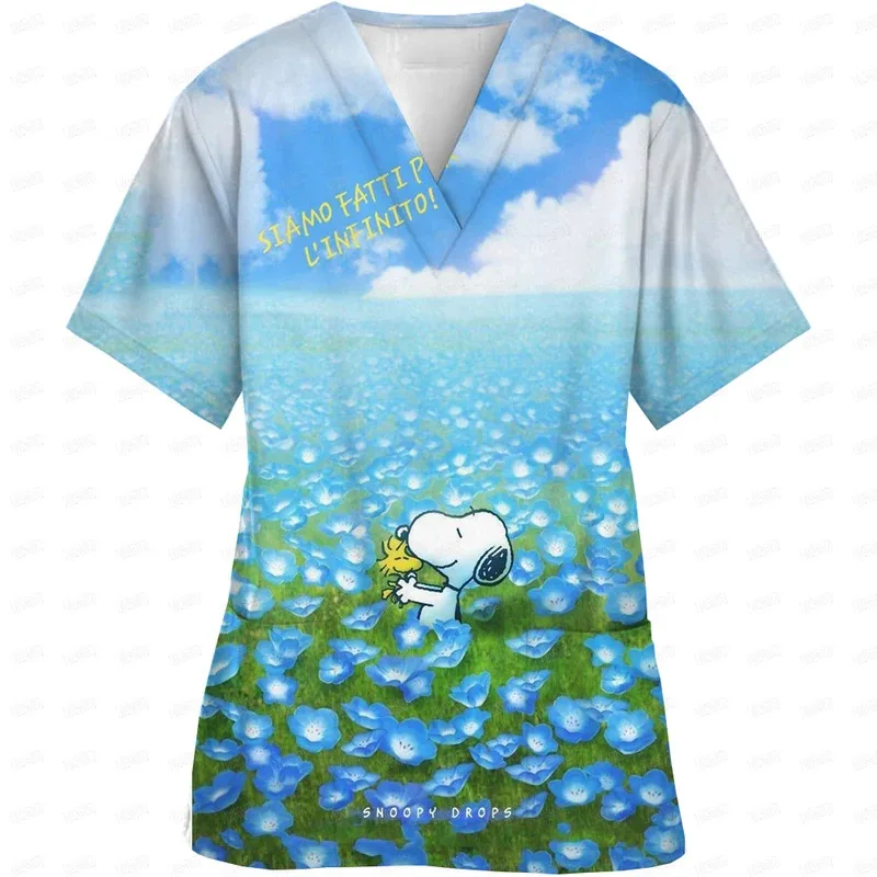 Cartoon Snoopy Printed Short Sleeve Surgical Gowns Tops Nurses' Uniforms V Neck Clinical Uniform For Woman Nursing Uniform