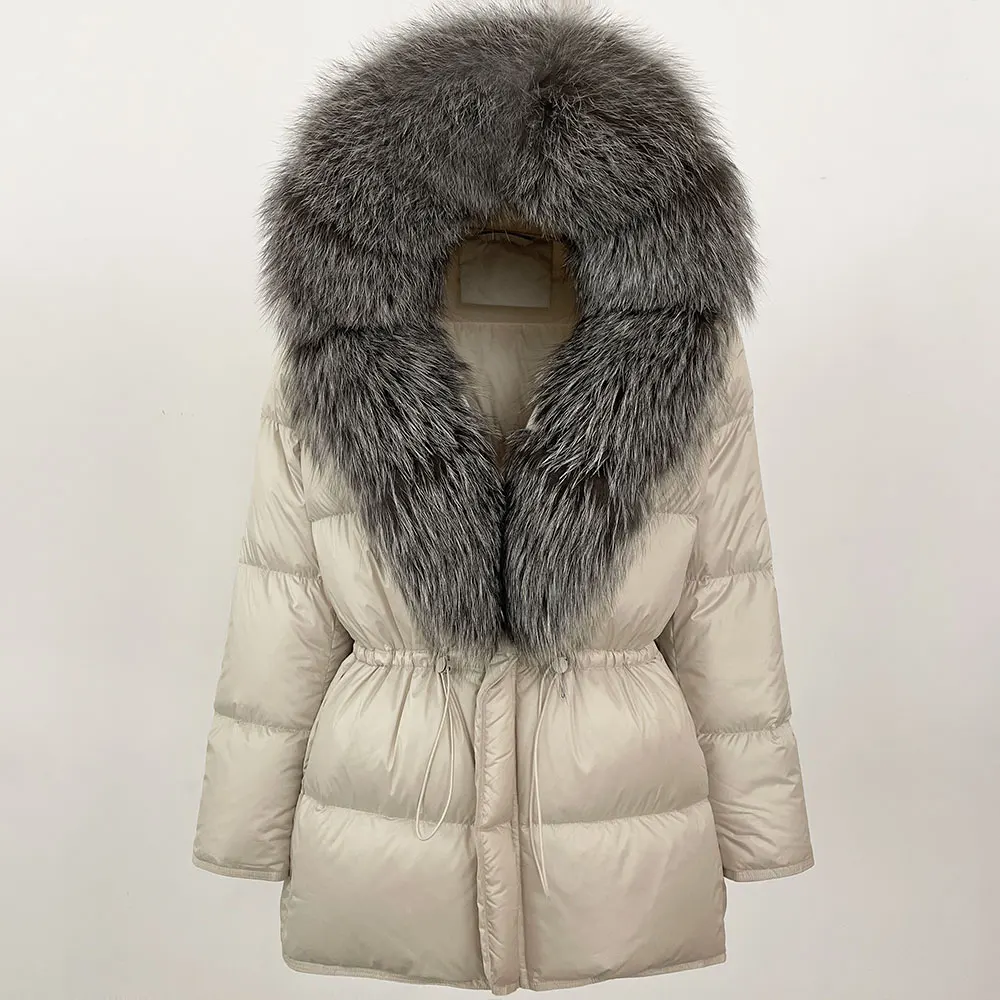 Piumino d'anatra bianco Cappotto di pelliccia di realtà Giacca di pelliccia di volpe naturale femminile Donna Autunno Inverno Caldo Lady Piumino di pelliccia di volpe reale