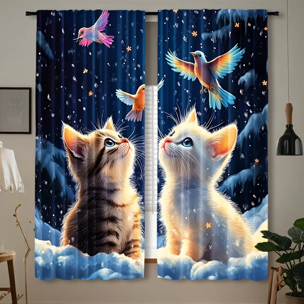 Whimsical Kitten Snow Scene Curtain Blue Window Curtain Decoration Cute Cartoon Aesthetic Nursery Decor For Kids Room