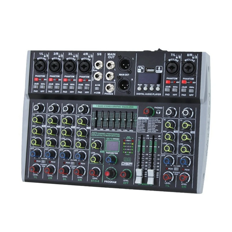 

Retail Professional 8 Channel Audio Mixer Built-In 99DSP 7-Segment Balanced Effect Bluetooth Live Recording XLR Mixer