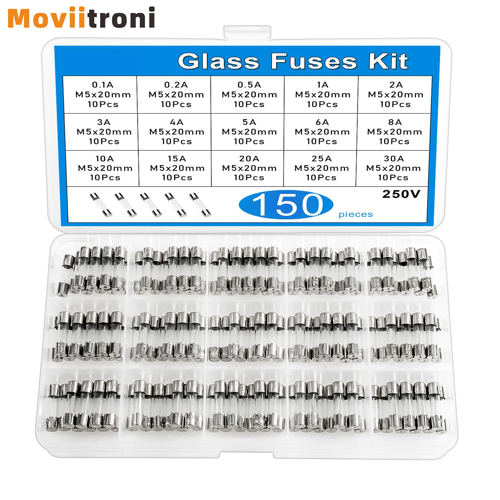 100/150pcs Fast-Blow Glass Fuses Assortment Kit 15values M5x20mm 0.1A-30A