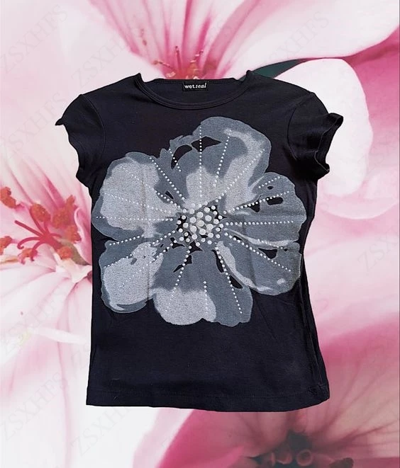 

Flower Vintage 90S Clothes Gothic Women T Shirts Camis Slim Korea Aesthetic Tee Streetwear Harajuku Sweet Girl Crop Top Y2k Tops