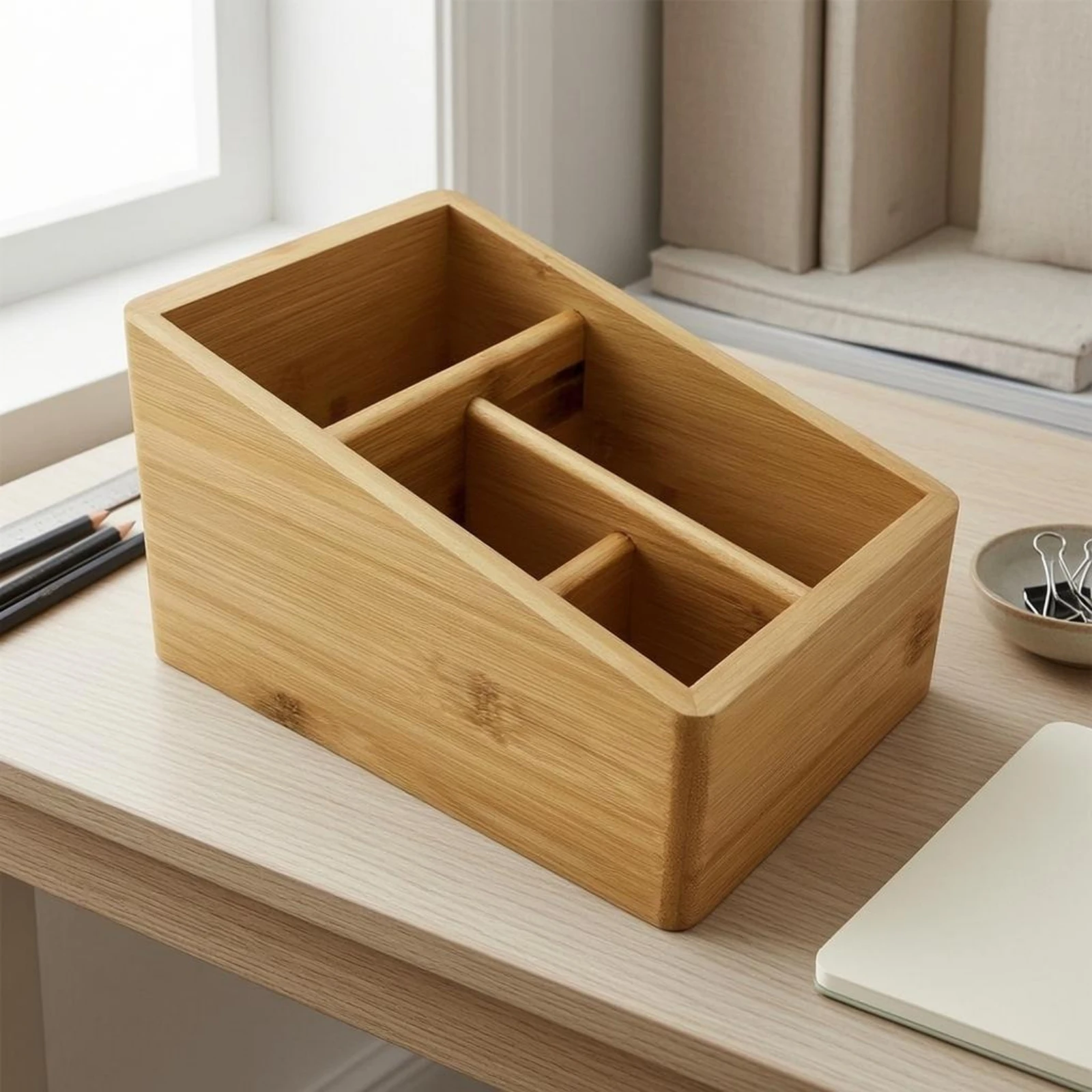 Desktop Organizer Box Fixed Dividers Bamboo Storage Box Bamboo Desk Drawer Organizer Open Top Natural Wood Grain