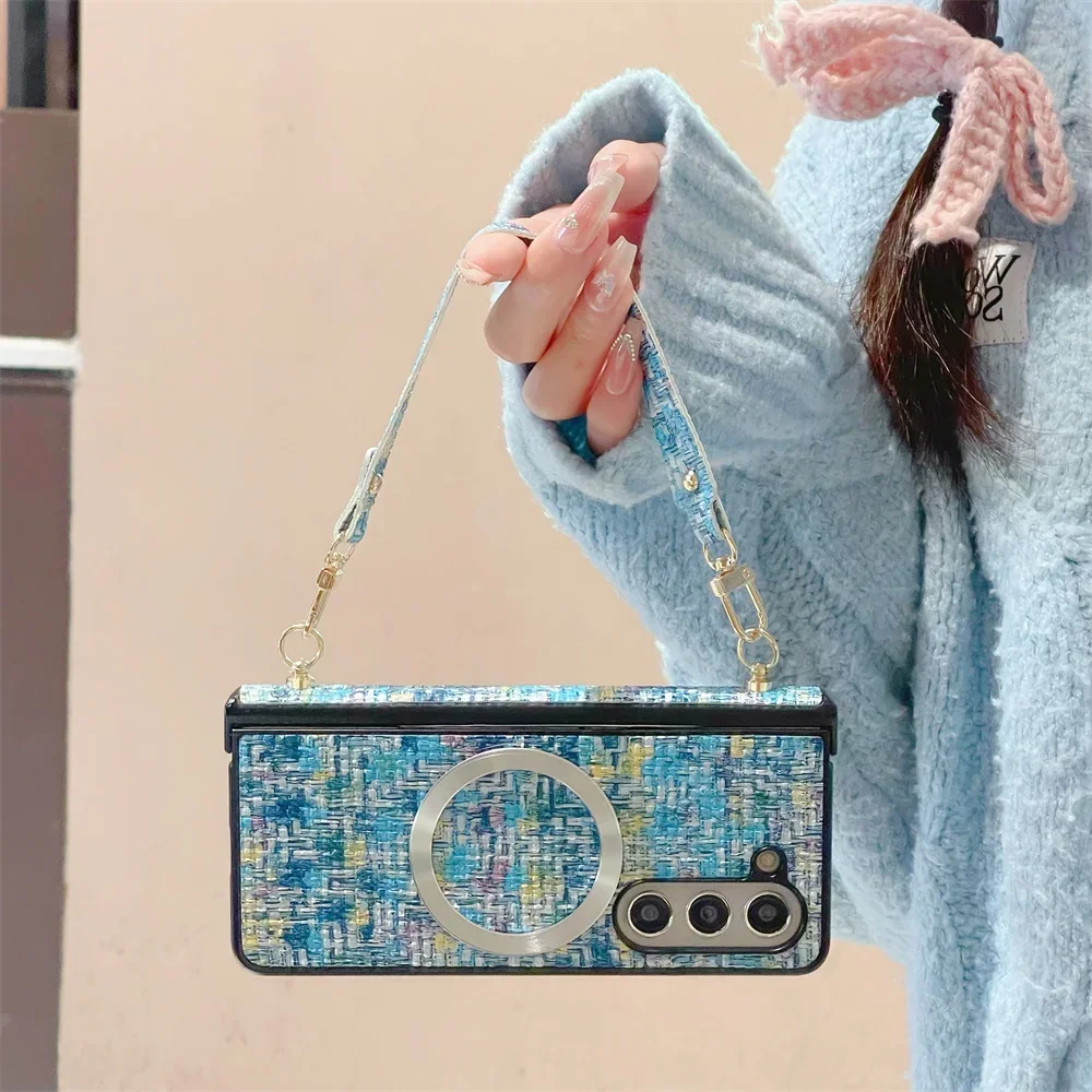 

Wrist Strap Magnetic Phone Case For Samsung Galaxy Z Fold 6 5 4 3 5G Hand Rope Hinge Protective Shockproof Weave Leather Cover