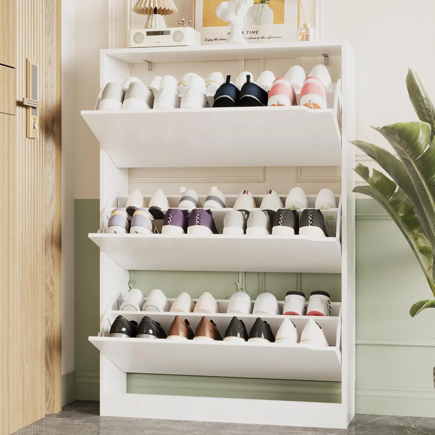 Aufbewahrungsschrank für den Eingangsbereich mit 3 Klappschubladen, stabiler versteckter Schuhaufbewahrung aus Holz, freistehender schmaler Schuh-Organizer für F