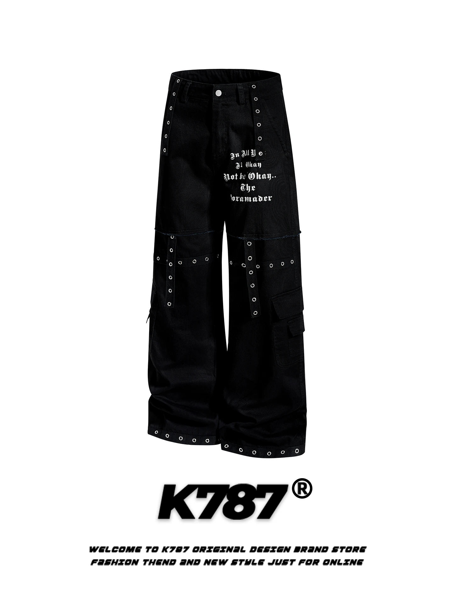 

K787 American Retro Punk Sle Work Pants High Waist Wide Leg Floor Length Casual Slimming Men's Women's Loose Fit Jeans