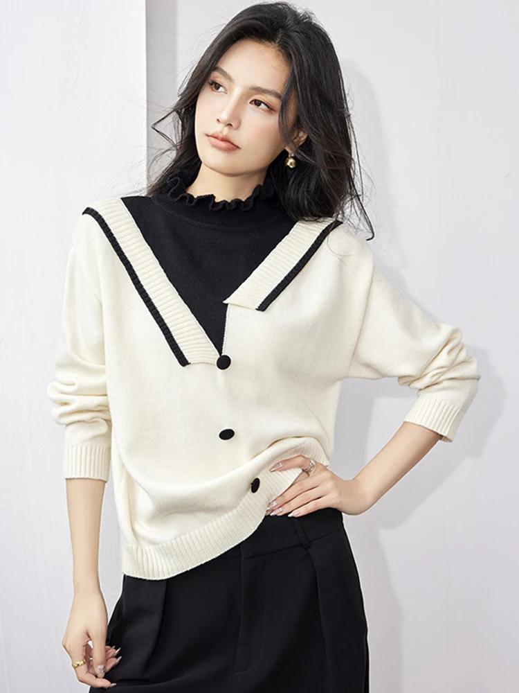 Gentle Style Fake Two-piece Elegant Sweater Women 2024 Autumn Winter New Temperament Turtleneck Knitted Tops