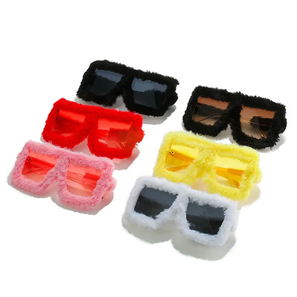 UV400 Eyewear Square Frame Ladies Sexy Shades Soft Fur Punk Sun Glasses Plush Sunglasses