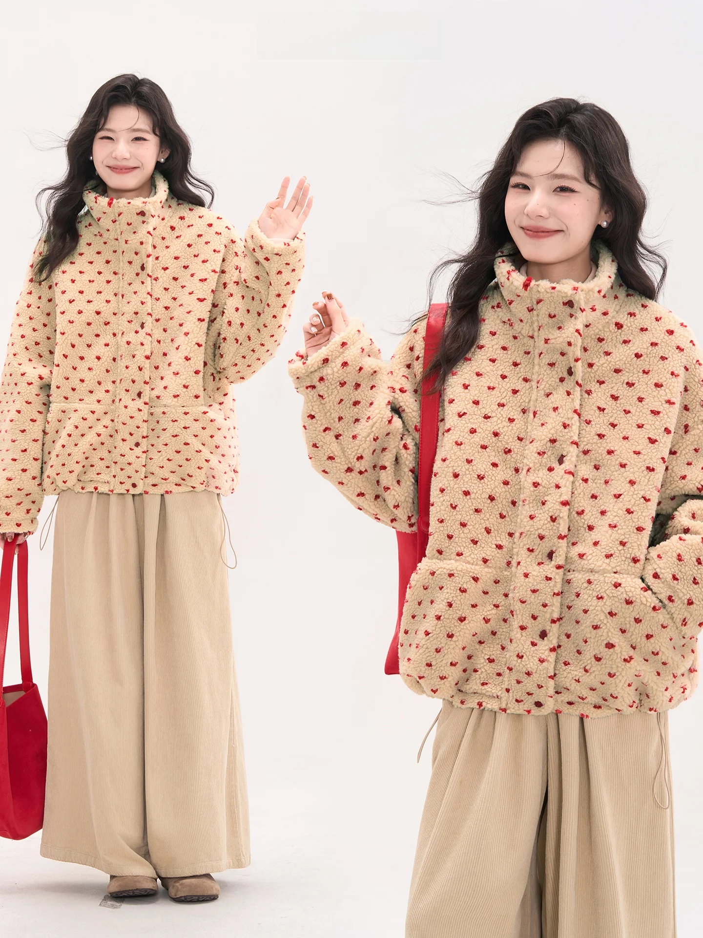 

Heme Red Polka Dot Lamb Fur Jaet Women's Winter Stand Collar Sweet Cotton Coat Polyester Material Thiened Long Sve Zipper