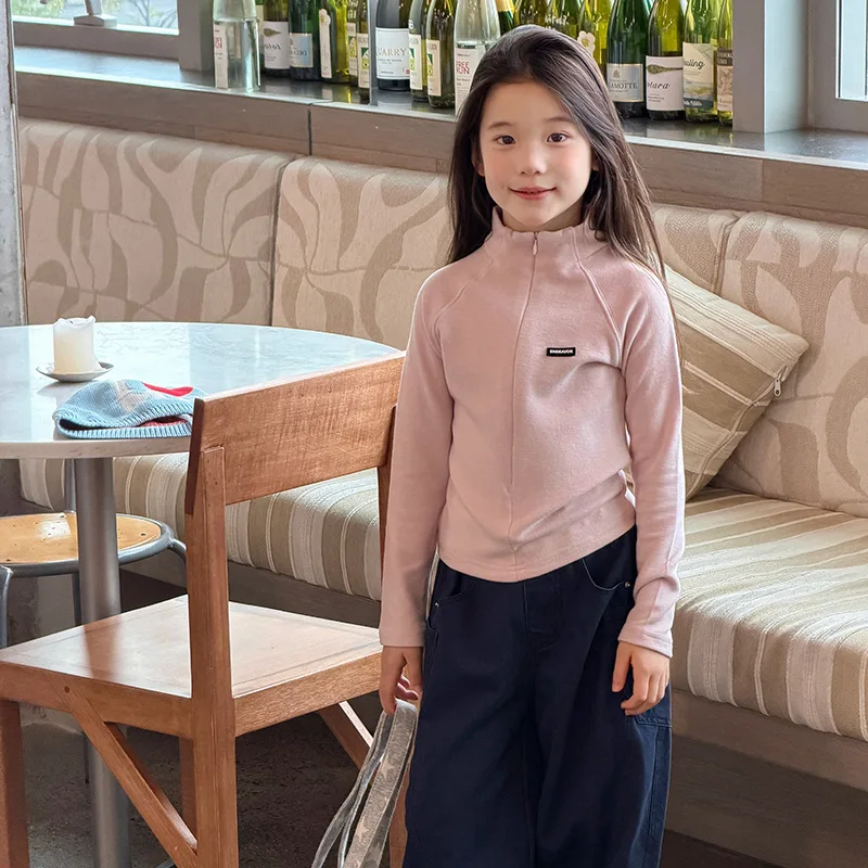 Girls' semi high neck zipper top, slim fit warm windproof neck protection school uniform, inner jacket