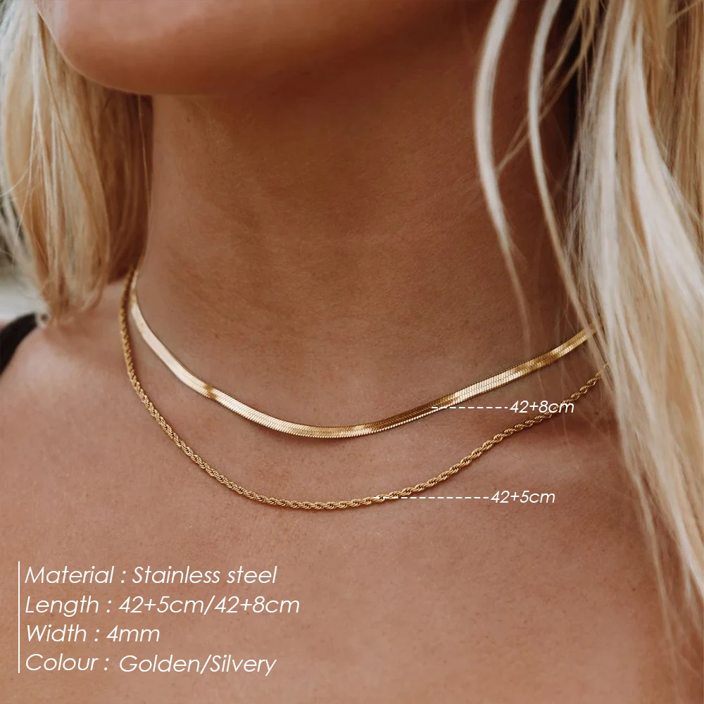 EManco للرجال والنساء سلسلة ثعبان مسطحة مزدوجة الطبقات مكدسة سلسلة قلادة الفولاذ المقاوم للصدأ الملمس المعدني مبيعات الجملة