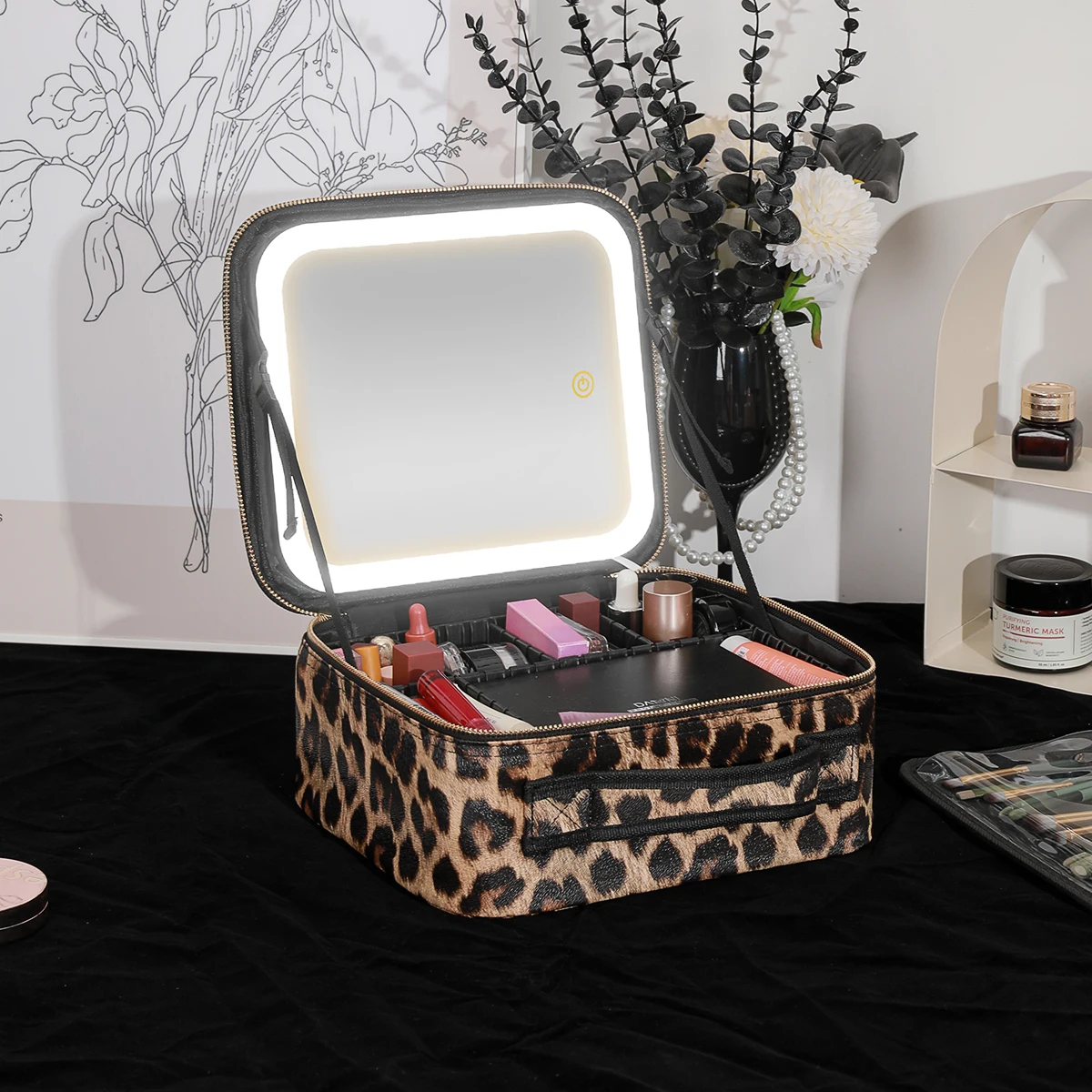 Makeup Bag with Mirror and Lights 3 Colors Dimmable LED Make up Case, Cosmetic Organizer Accessories Makeup Train Case LEOPARD