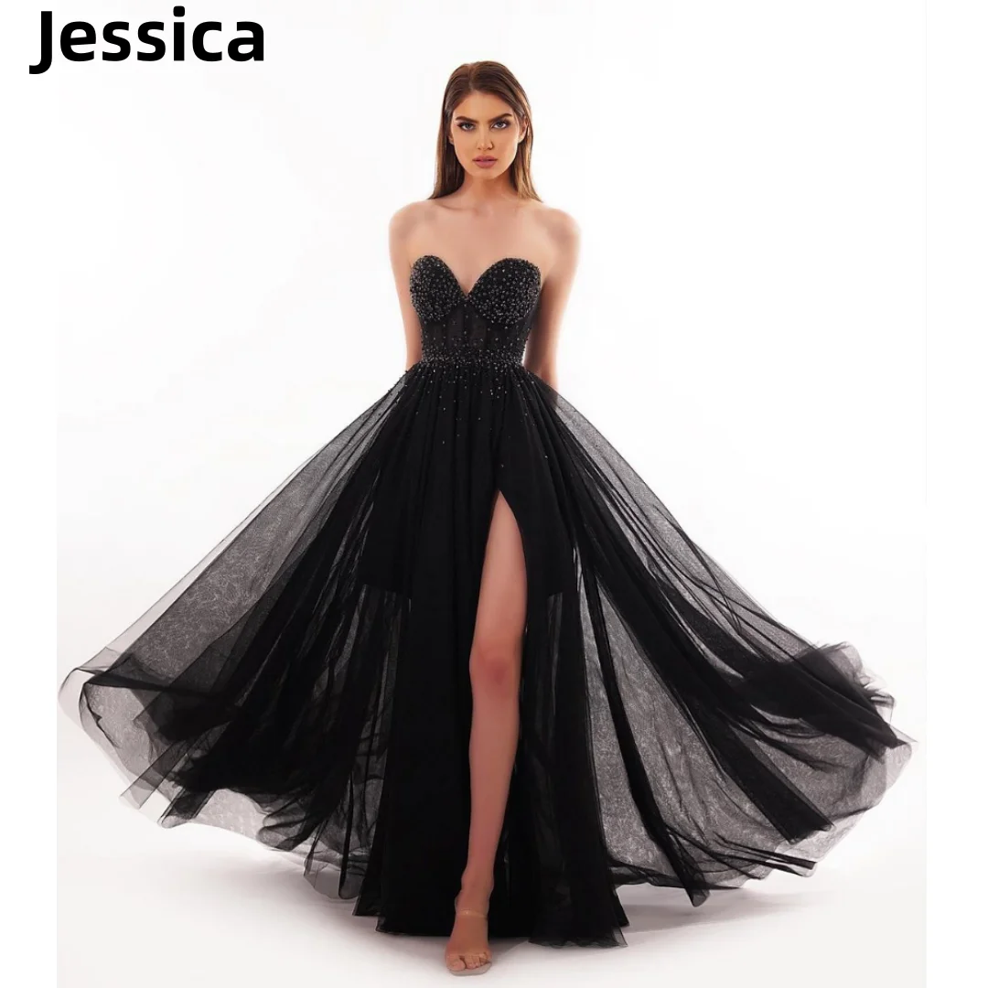 

Jessica Black Prom Dresses Strapless Side Slit Evening Dresses Shimmering Beaded Tulle Corset Formal Occasions Party Dresses