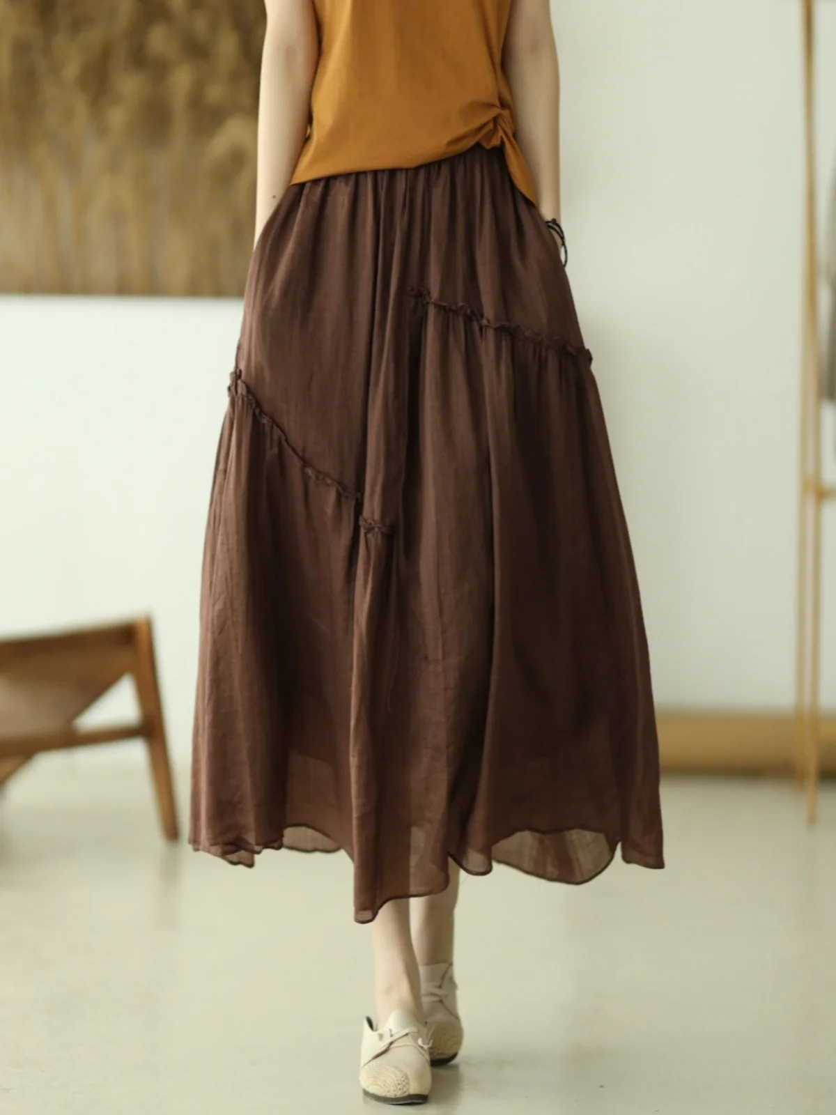 Jupe féerique asymétrique Double couche en coton et lin pour femmes, couleur Pure, taille haute, ligne a, pour les déplacements artistiques, été