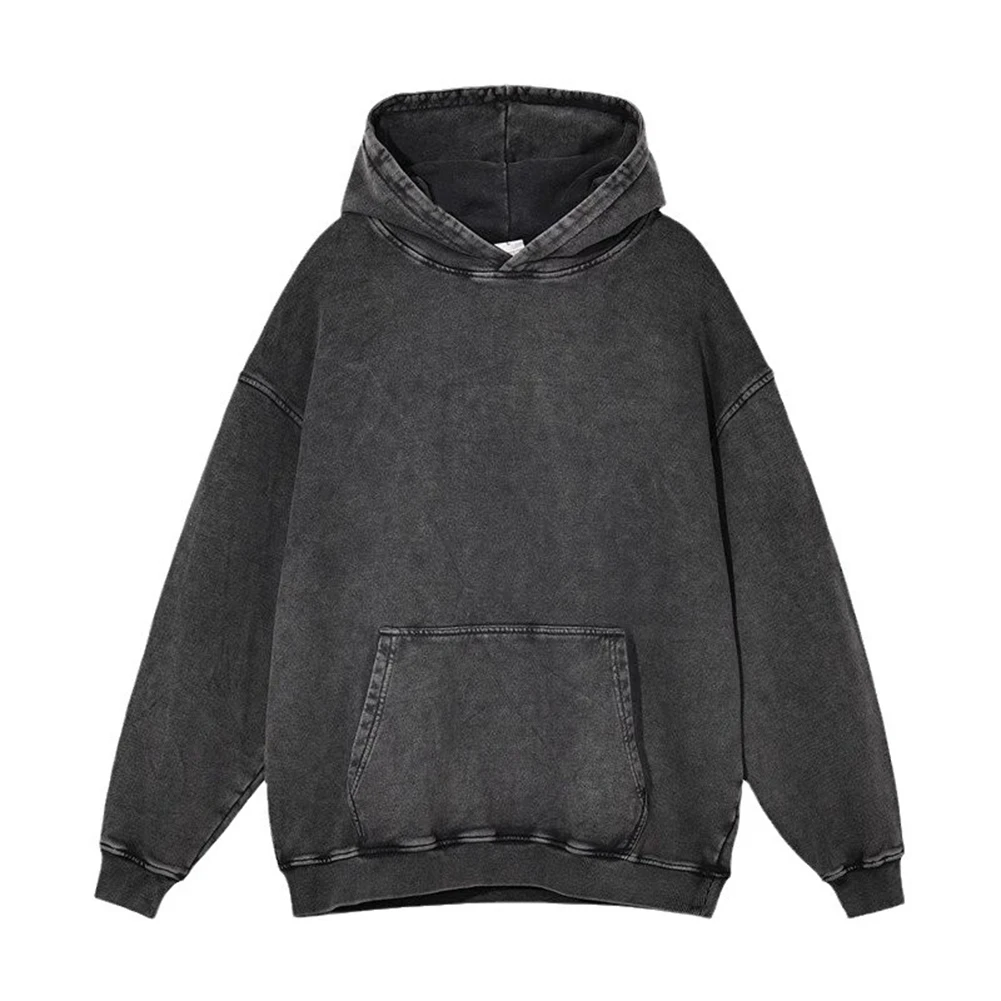 Loose Fit Sweatshirt Retro Washed Hoodie Unisex Hooded Neckline Long Sleeve Regular Length Solid Pattern Khaki