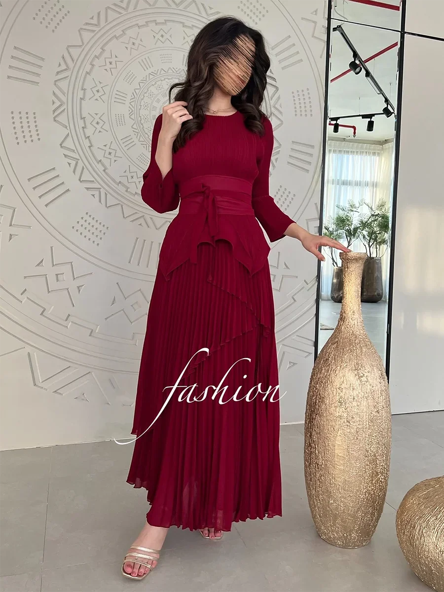 EGRM Fashion Party Pleated 2 Piece Set Women Irregular Belt Gathered Waist Tops and Folds A-line Long Skirt Party Set 9EG1116