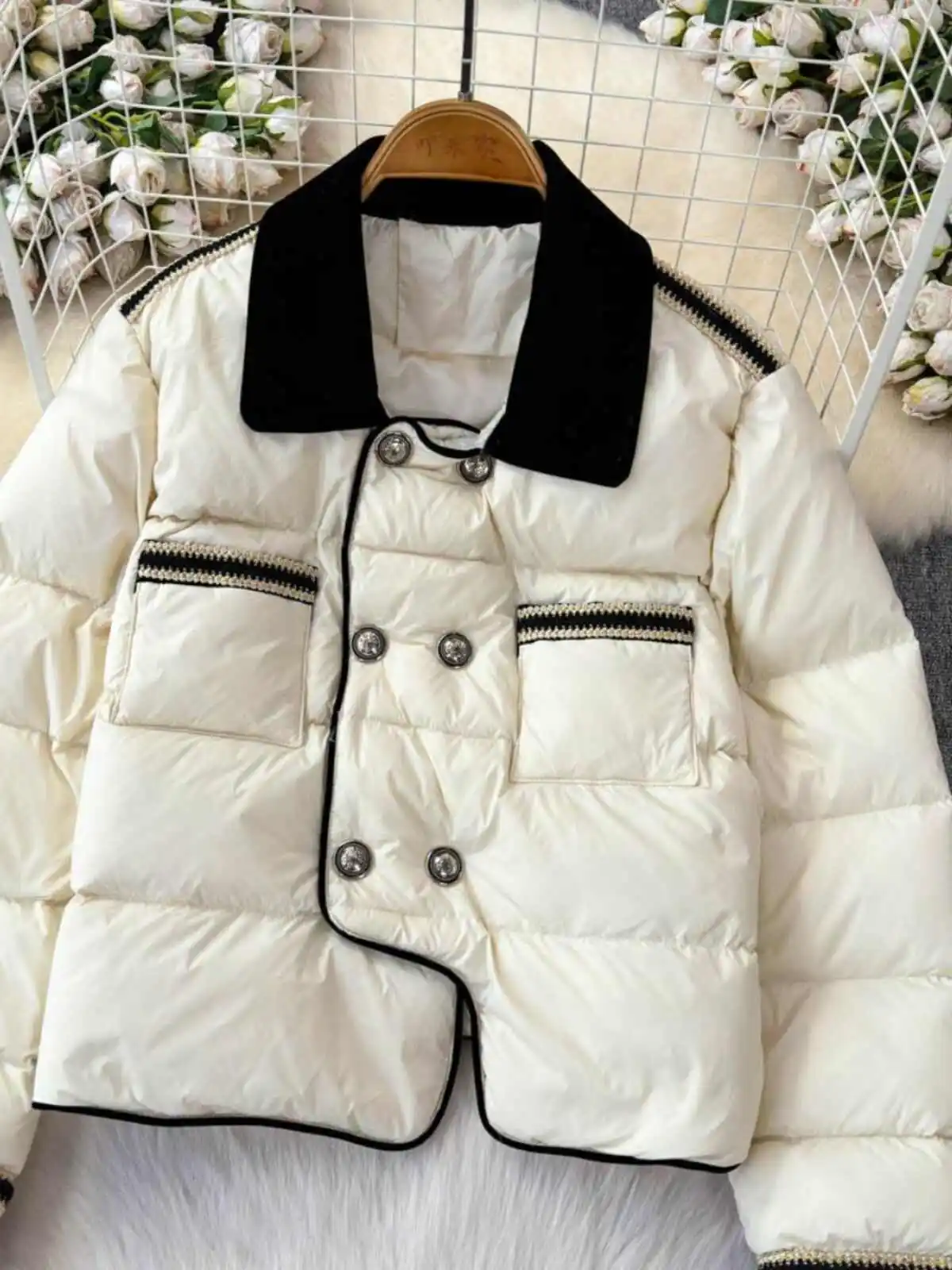 Winter New Small Fragrance Wind Down Cotton Coat Women Simple Solid Color Double Breasted Straight Jacket