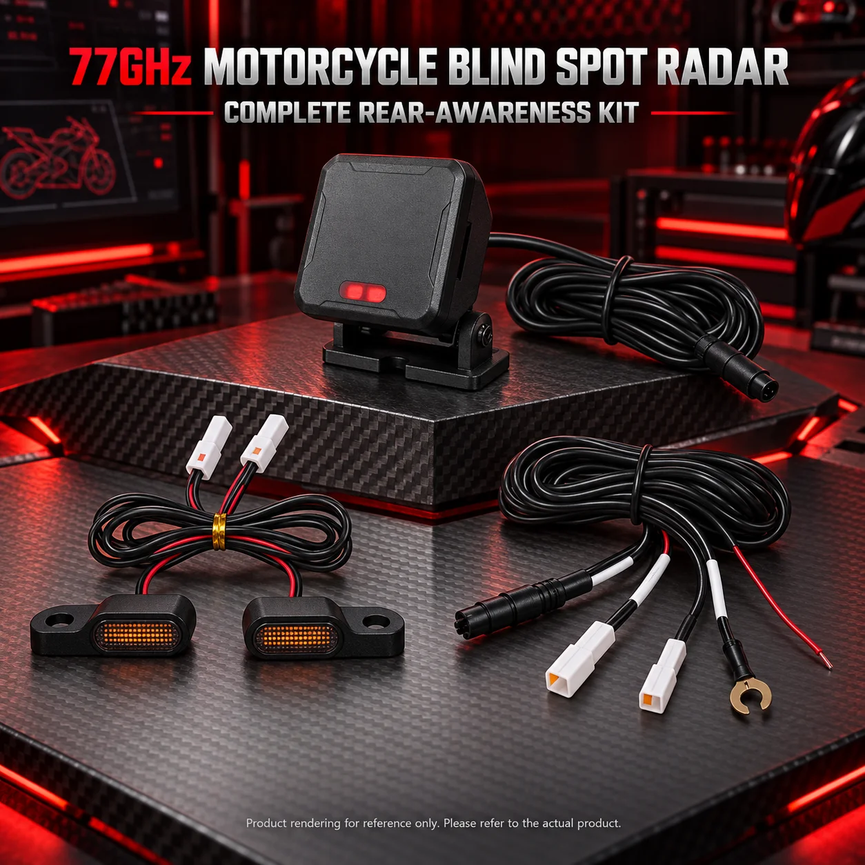 77GHz Motorcycle BSD LCA Radar System for Rear Vehicle Awareness, Dual Mirrored LED Alerts and Up to 70m Detection