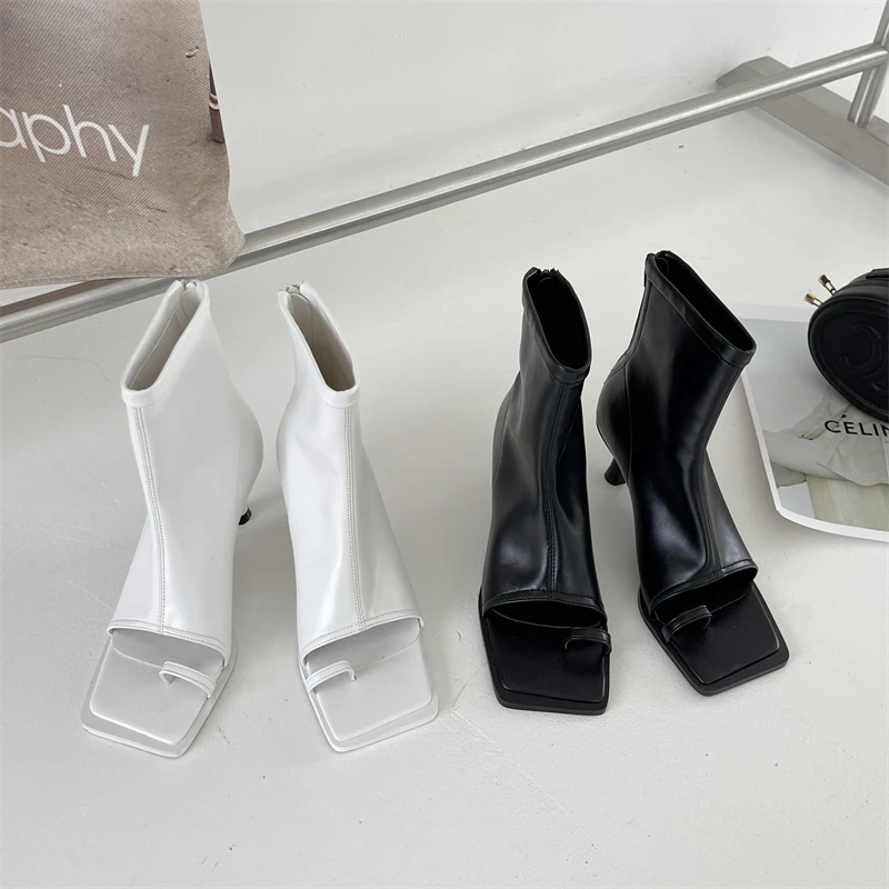 Clip Toe Women Ankle Boots Autumn Spring Stretch Boots Thin High Heels Back Zipper Black White Sock Booties 2022 News Party Pump