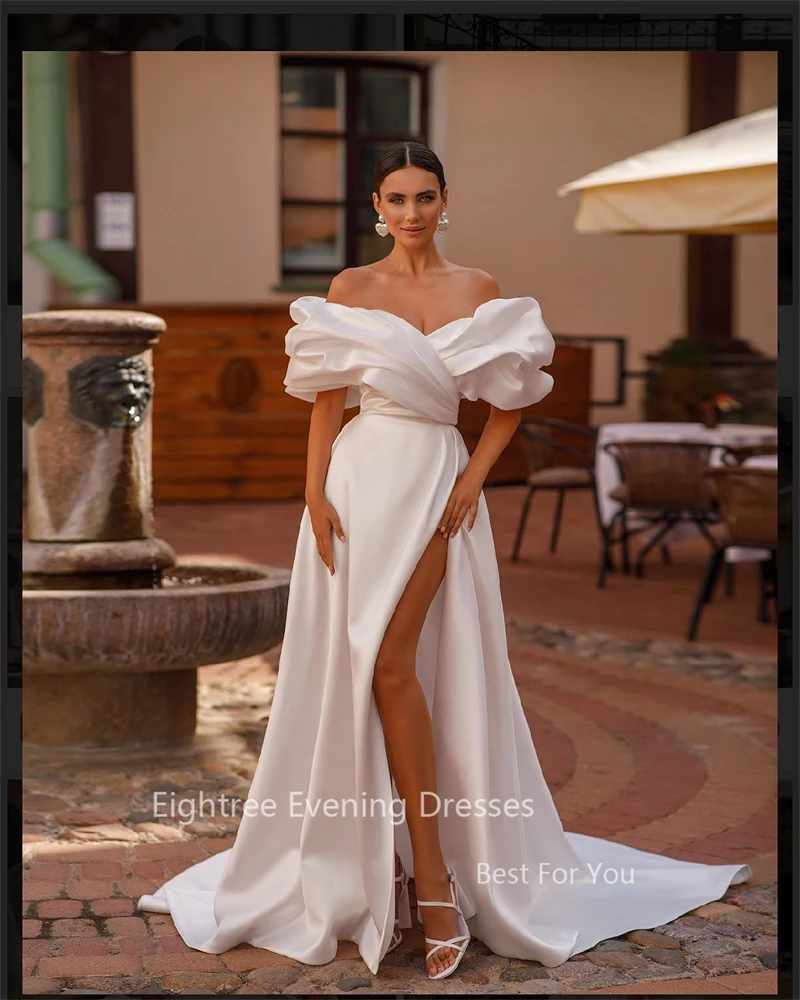 Achtree Elegante Off Shoulder Custom Prinses Trouwjurken Side Split Satijn Formele Prinses Bruid Queen Bruidsjurken Jurken