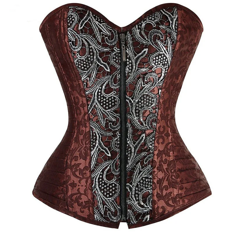 

Brown Corset Women Steampunk Zipper Front Jacquard Overbust Steel Boned Corsets & Bustiers Gothic Waist Cincher Corset Underbust