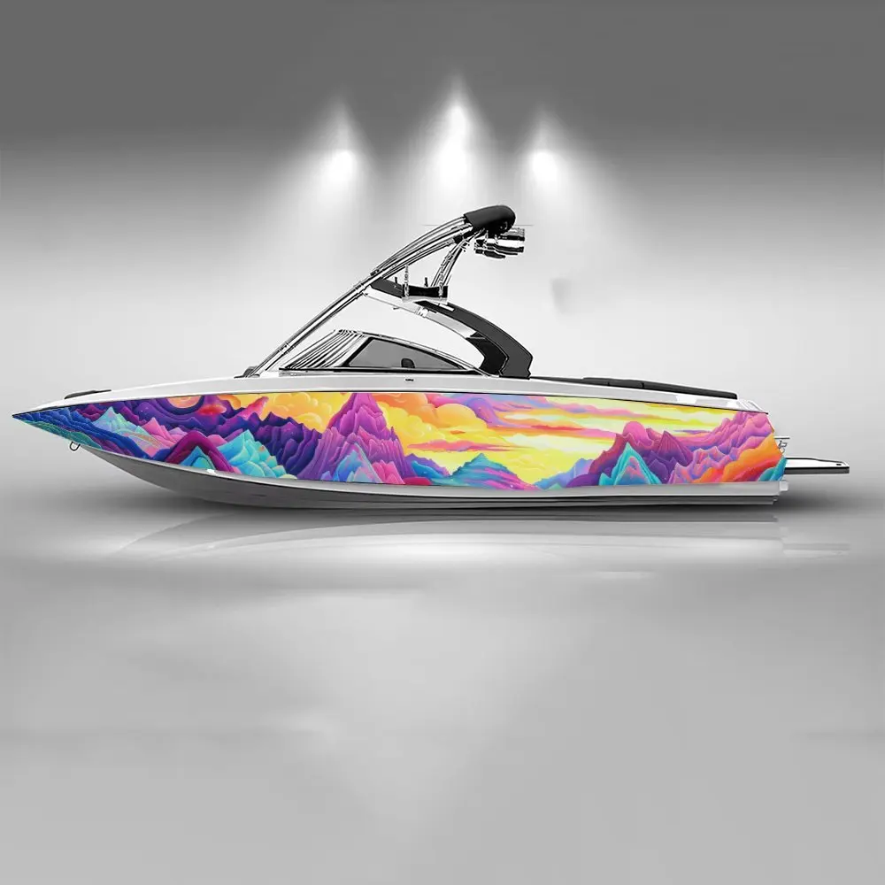 Blue Purple Mountains Top Beautiful Sunset Boat Sticker Vinyl Ship Pontoon Deck Boat Fishing Decorative Pontoon Boats Decal