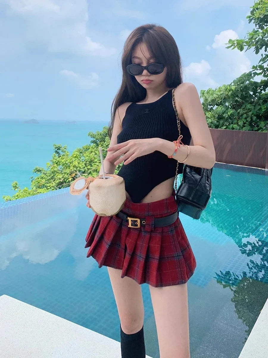 IMU High Waist A-line Pleated Mini Skirt with Leather Belt Vintage Red Plaid JK Skorts Korean Dongdaemun School Uniform