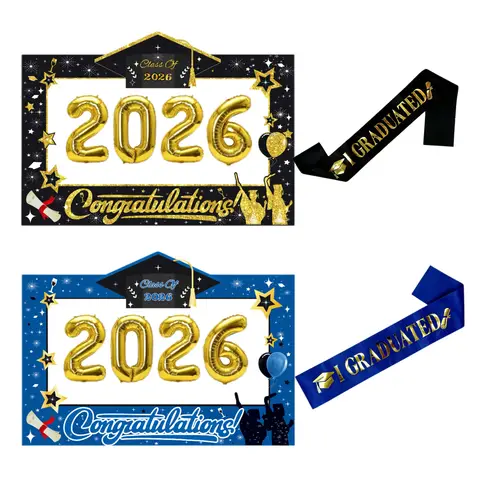 Set di 6 Cornici Fotografiche Nere, Oro e Blu per Laurea 2026 con Fascia e Palloncini, Accessori per Photobooth per Cerimonia di Laurea