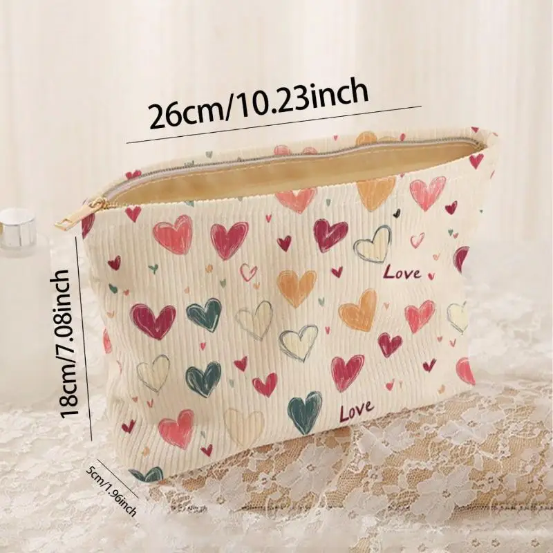 Women's Bag Hand Painted Letter Color Heart Print Corduroy Zipper Cosmetic Storage Bag Lightweight Funny Fashion