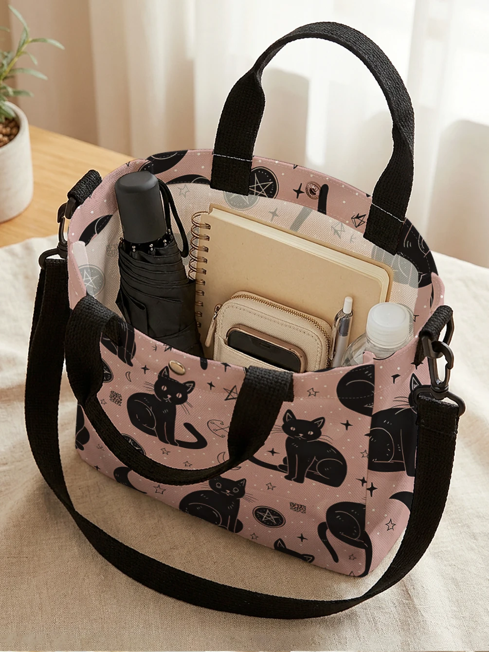 Witchy Black Cat Moon Star Print Pink Canvas Tote Bag Detachable Strap Crossbody Handbag For Women Daily Shopping