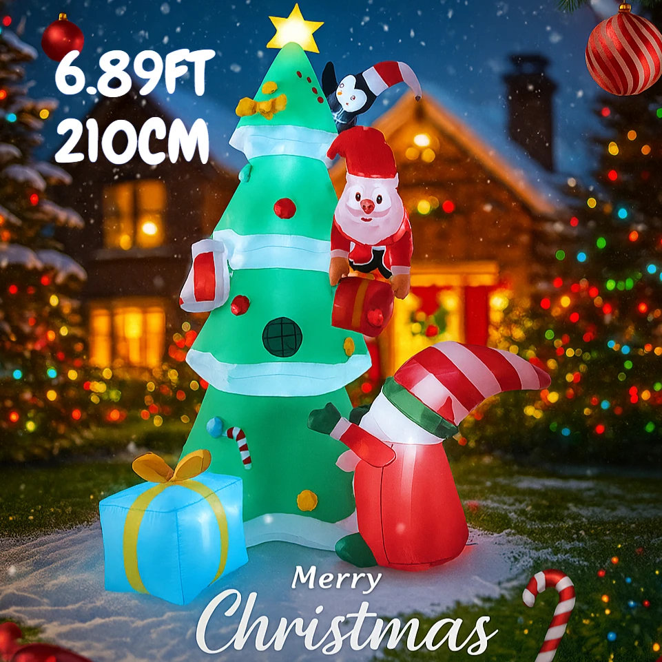 6.89FT Inflatable Toy Christmas Tree Decoration Set Festive Gift LED Santa Penguin Gift Box Xmas Yard Supplie Xmas Home Ornament