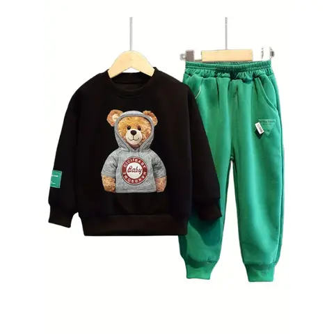 Spring and Autumn Fashion Kid Clothes Boy Children's Set Bear Cartoon Sweatshirt Pant Outfit 7 8 9 10 11 12 Year