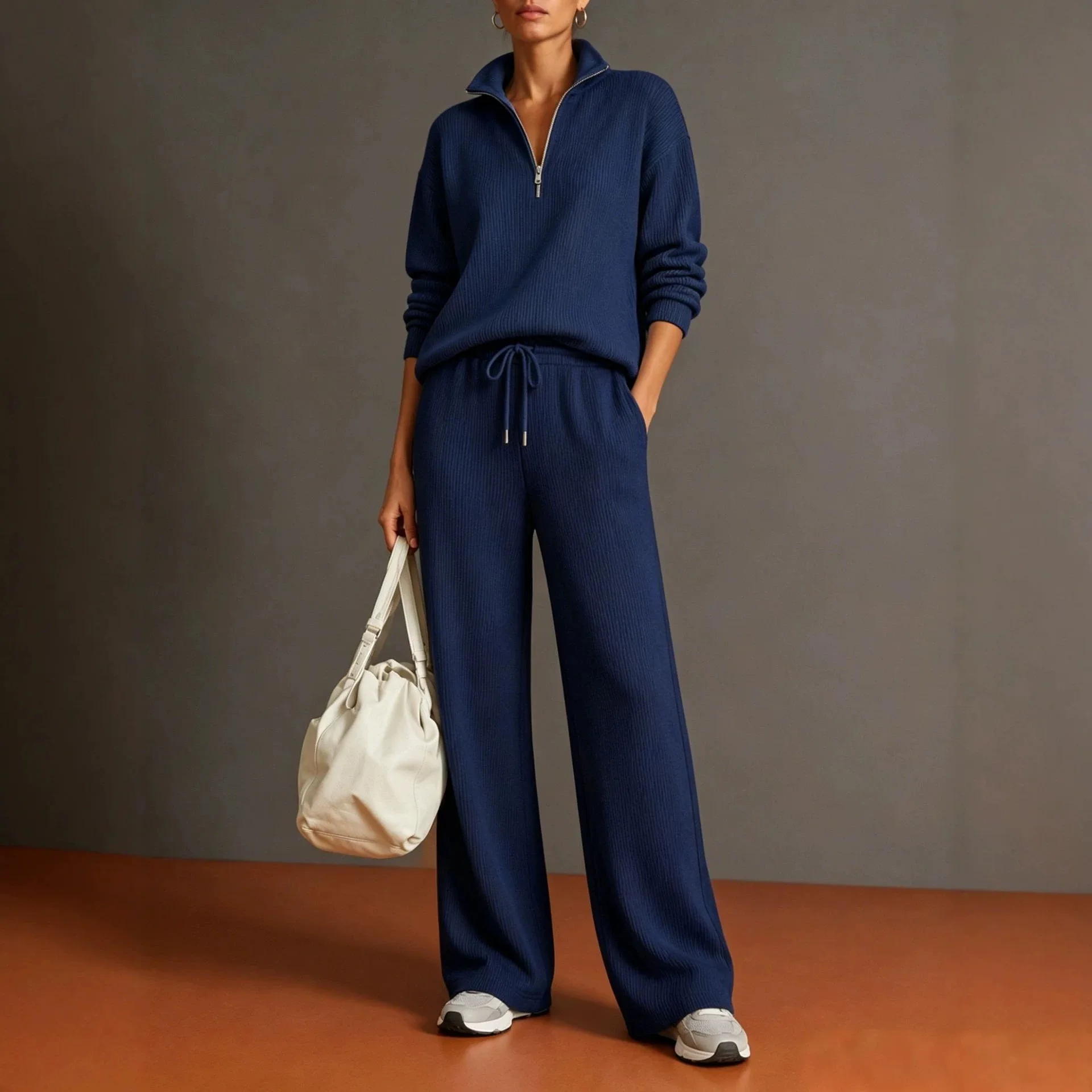 2026 Autumn Winter Ladies Sportswear Set Zipper Wide Leg Pants Halved High Collar Women's Fashion Casual Outfit Ensemble