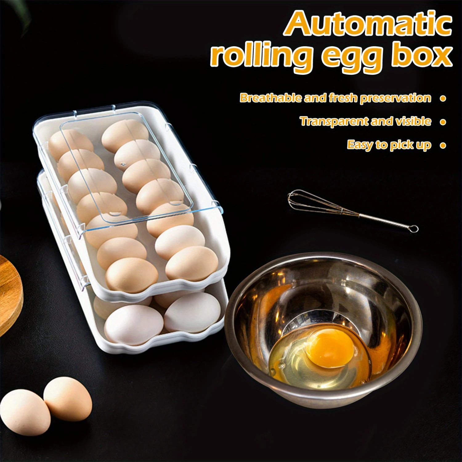 2Pcs Modern Style Egg Holder for Refrigerator - 34 Egg Capacity, 2 Tier PS Polystyrene Egg Dispenser with Lid, Automatic Rolling