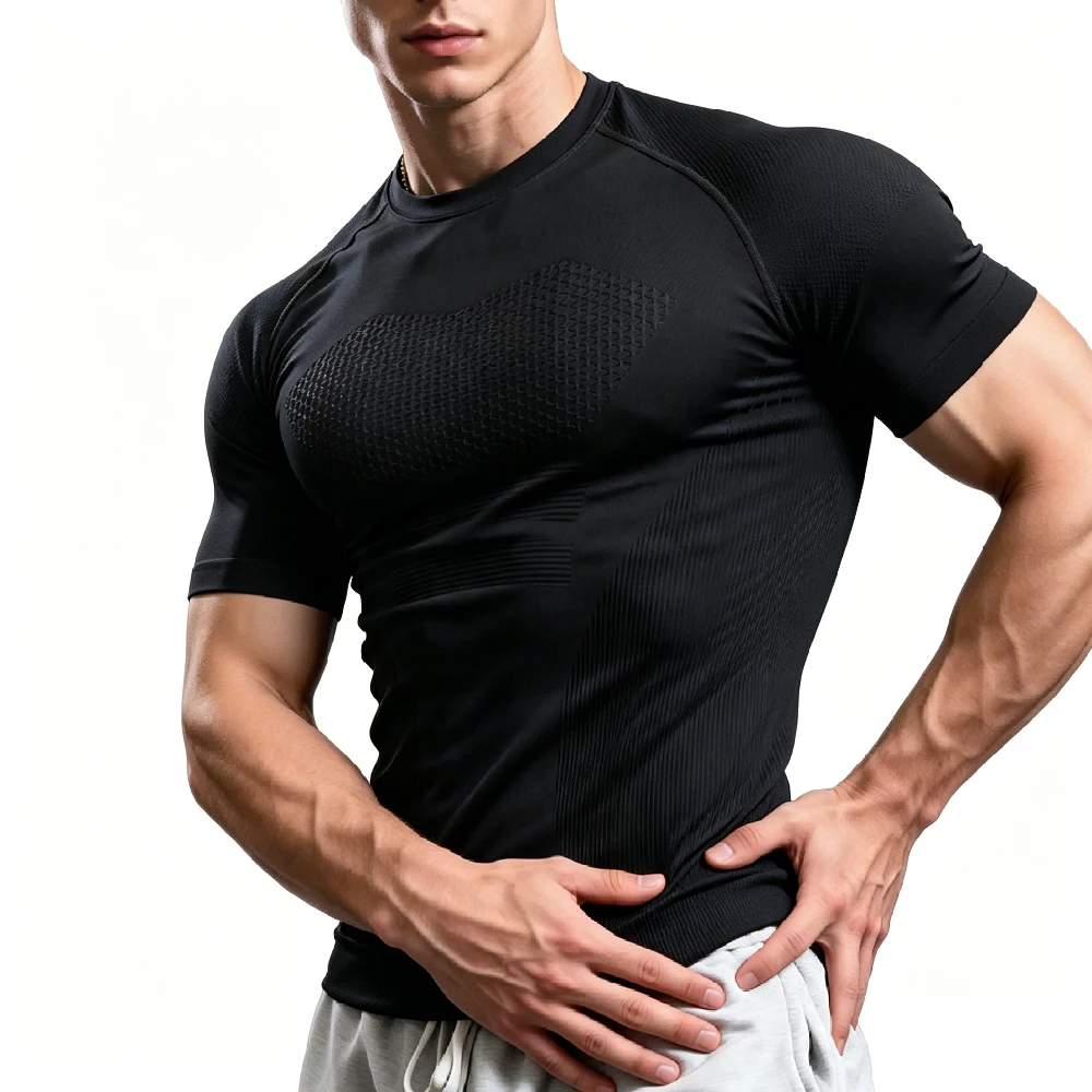 Men Short Sleeve Compression Shirts, Cool Dry Seamless Athletic T-Shirt,Quick Dry Workout Base Layer Undershirt Outdoor Training view 5
