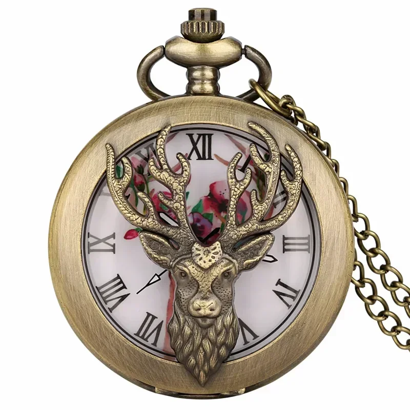 Antique Style Hollow-Out Elk Pocket Watch Bronze Quartz Movement Necklace Chain with Half Hunter Case Roman Number Display reloj