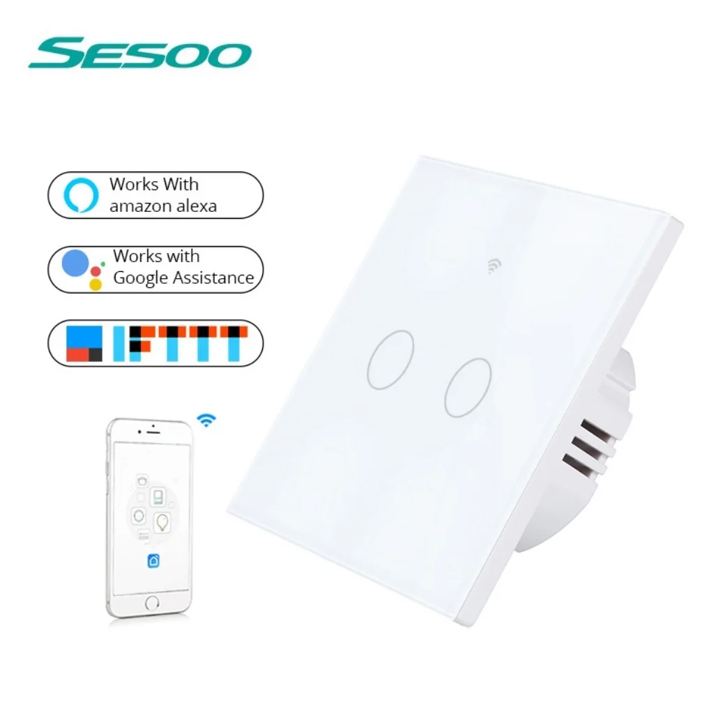 

SESOO EU Standard,2 Gang WIFI Smart Touch Switch APP Wireless LED Indicator Wall Switch,Glass Panel for Alexa / Google Home