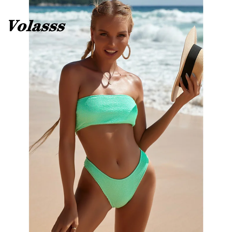 

2024 Sexy Push Up Swimsuit Women New Solid Color Ribbed Swimwear High Waist Bandeau Bikini Off Shoulder Two Piece Biquini Female