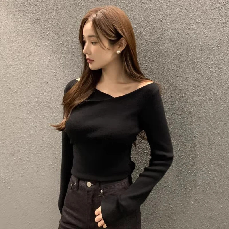 Top de punto de manga larga adeazante elástico con cuello en V cruzado e de otoño estilo coreano moda versátil viaje...
