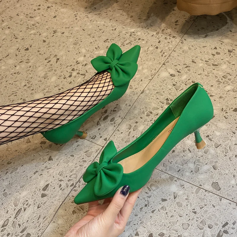 Rimocy Green Bowknot Pumps Women Slip-On Soft Pu Leather High Heels Shoes Woman Sexy Pointed Toe Thin Heeled Party Ladies Shoes