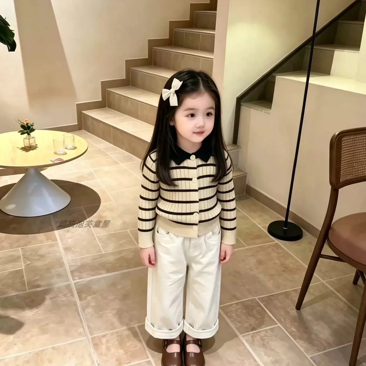 Girls Spring Autumn 2 Piece Set Striped Polo Knit Cardigan and Pants Matching Outfit Kids Casual New
