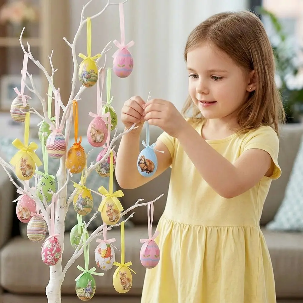 

Painted Easter Eggs Hanging Pendant with Bow DIY Crafts Colorful Eggs String Rabbit Chick Flower Easter Tree Decor Easter Party