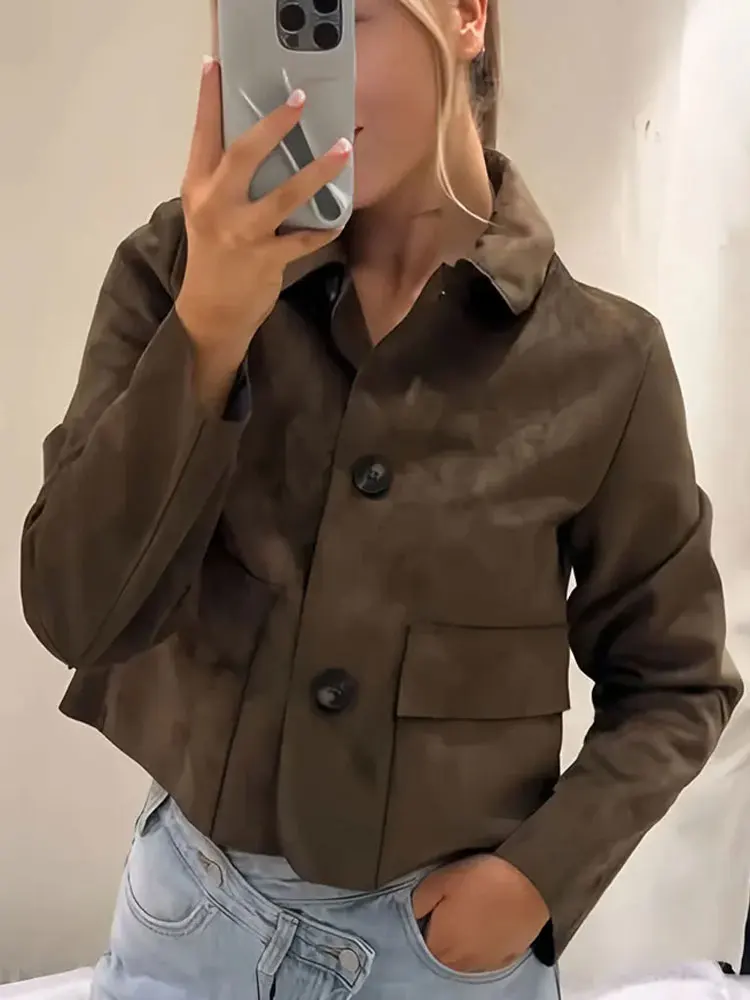 Vintage dámská semišová bunda s dlouhým rukávem a klopou, dámské kabáty, podzim 2025, ležérní, dojíždějící, streetwear, dámské svrchní oblečení - náhled 4