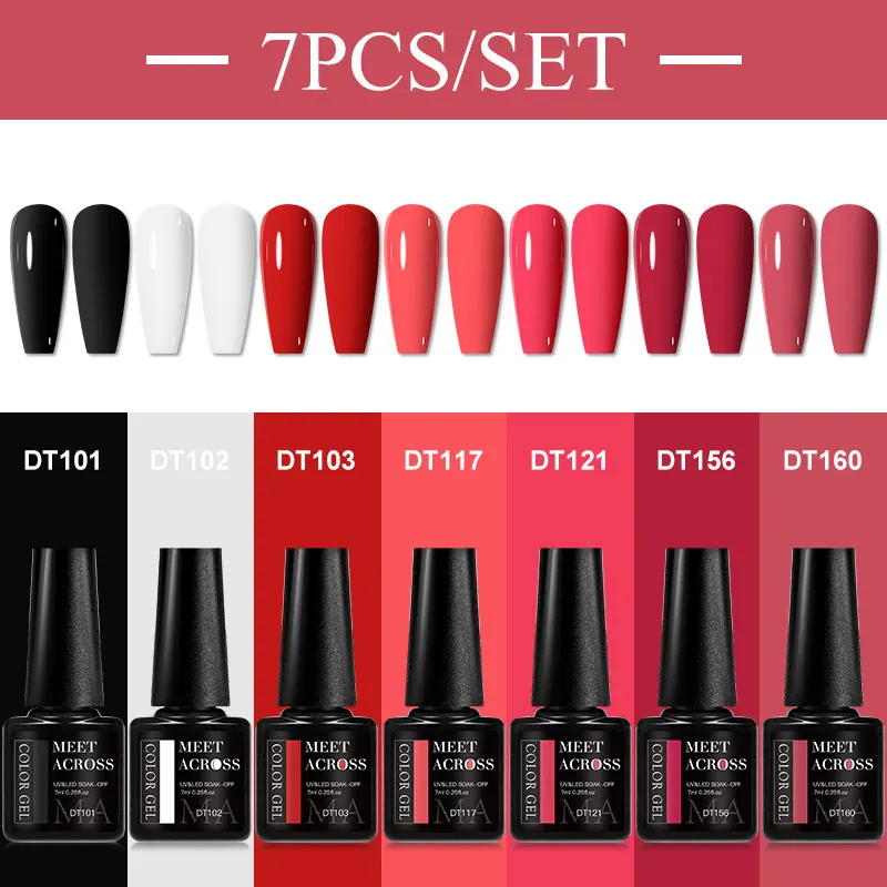 7pc MEET ACROSS Nail Gel Polish Set HEMA Free DIY Manicure Nail Art Supplies Varnishes Kit for All-Season Nails Design UV/LED