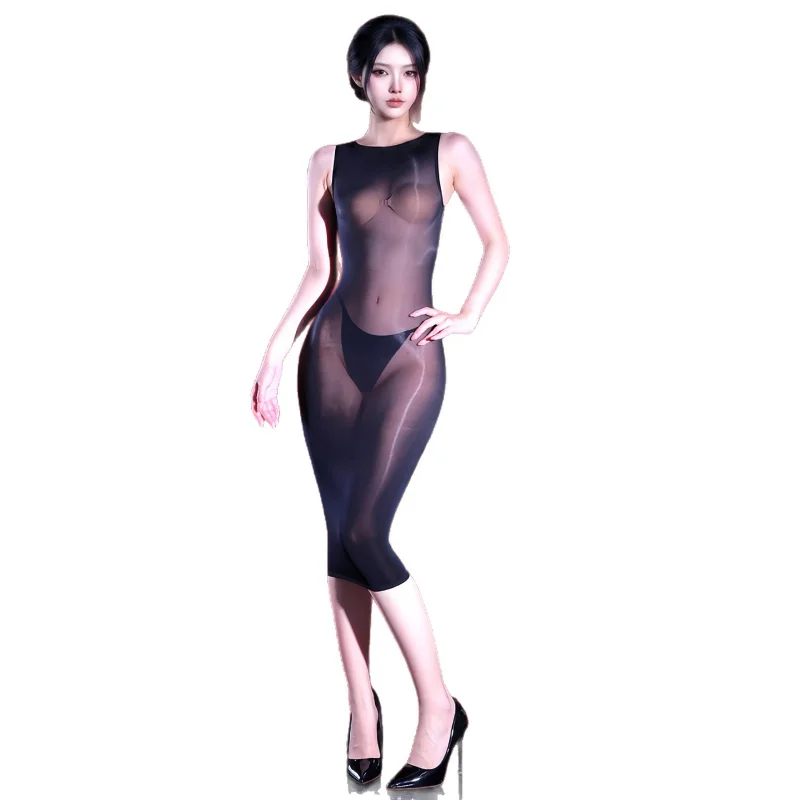 Women Sexy Dress Fully Transparent Oil Shiny Glossy Sleeveless Long Bodycon Dresses Ultra Thin Elastic Temptation Nightdress